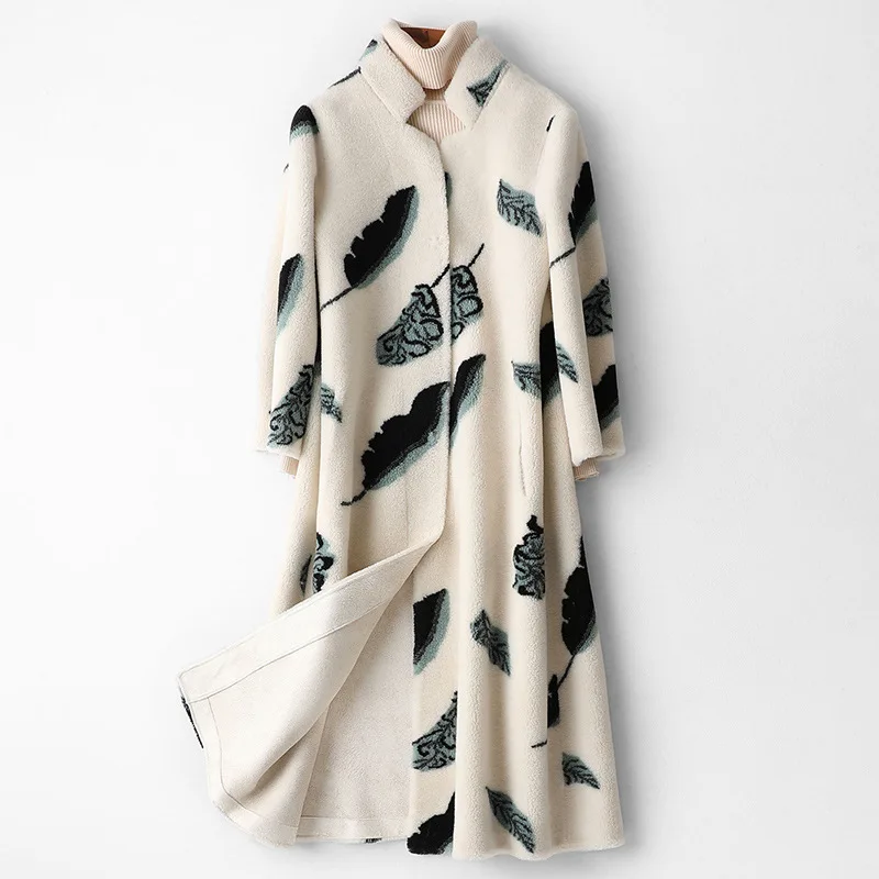 

Fashion Feather Sheep-sheared Fur Overcoat Female Women's Composite Fur Long Coat Lamb Fur Jackets Autumn Outwear Size S-XL