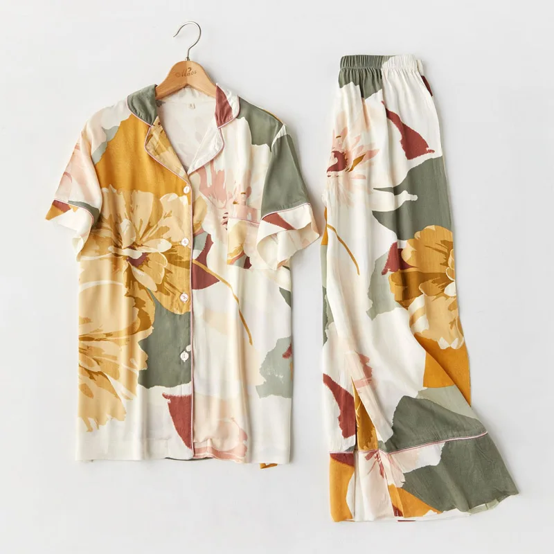 Printed short sleeve Женские пижамы, элегантные атласные пижамы с длинными рукавами, с принтом чернил, с отворотом, с короткими рукавами, Пижамный костюм для дома, женские пижамы - Цвет: Printed short sleeve