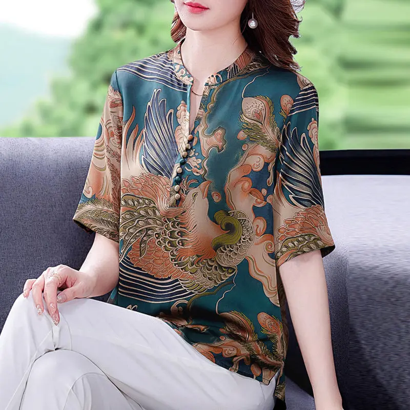

Silk Printed Short Sleeve Shirt Women's 2021 Summer New Middle-aged And Elderly Mothers Fashion Thin Mulberry Silk Blouse