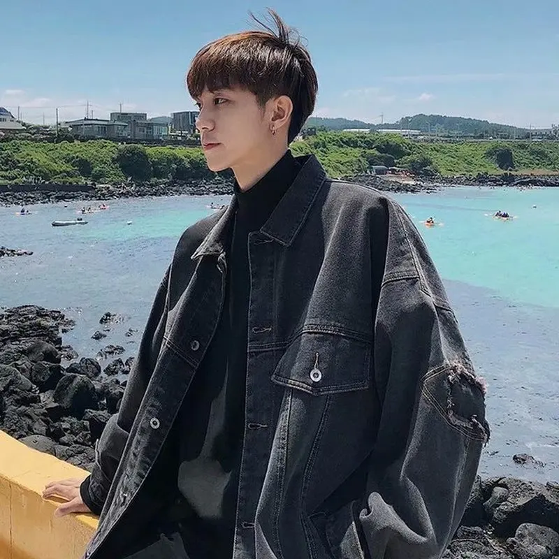 Стильная джинсовая куртка винтажная мужская бомбер размера плюс с отворотом