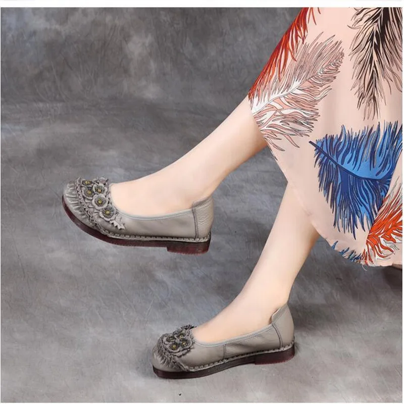 2021 Women Loafers Genuine Leather Flat Heels Flower Round Toe Handmade Shoes Soft Comfortable Platform Ladies Shoes