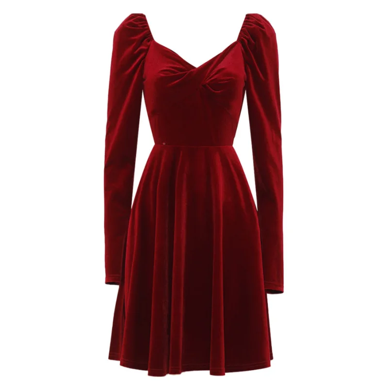 

Ymh Autumn and Winter New Wine Red Milk Fierce French Puff Sleeve Elegant Gold Velvet Christmas Dress