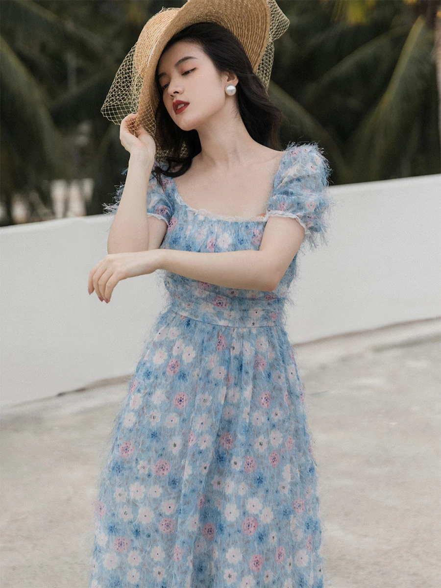 

Summer Blue Flower Women Long Dress Beach Style Lace Puff Sleeve Suqare Collar Casual Princess Dresses Vestidos Largos Verano