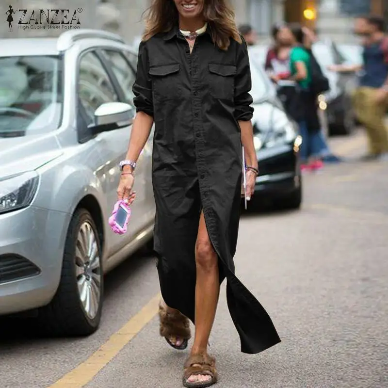 

2021 ZANZEA Fashion Women Autumn Sundress Female Lapel Button Solid Shirt Dress Casual Split Maxi Vestido Robe Femme 7
