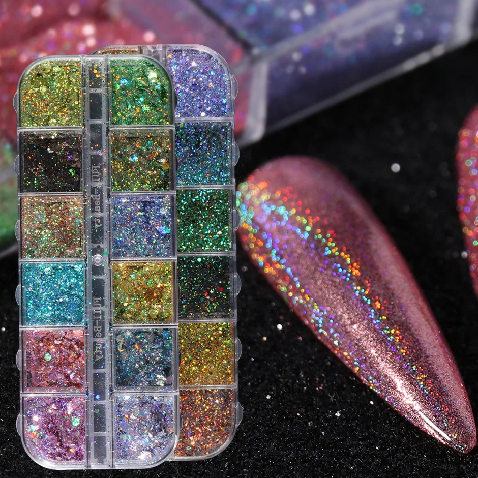 

Nail Art Laser Glitter 12 Color Symphony Chameleon Meager Round Sequins Net Red Nails