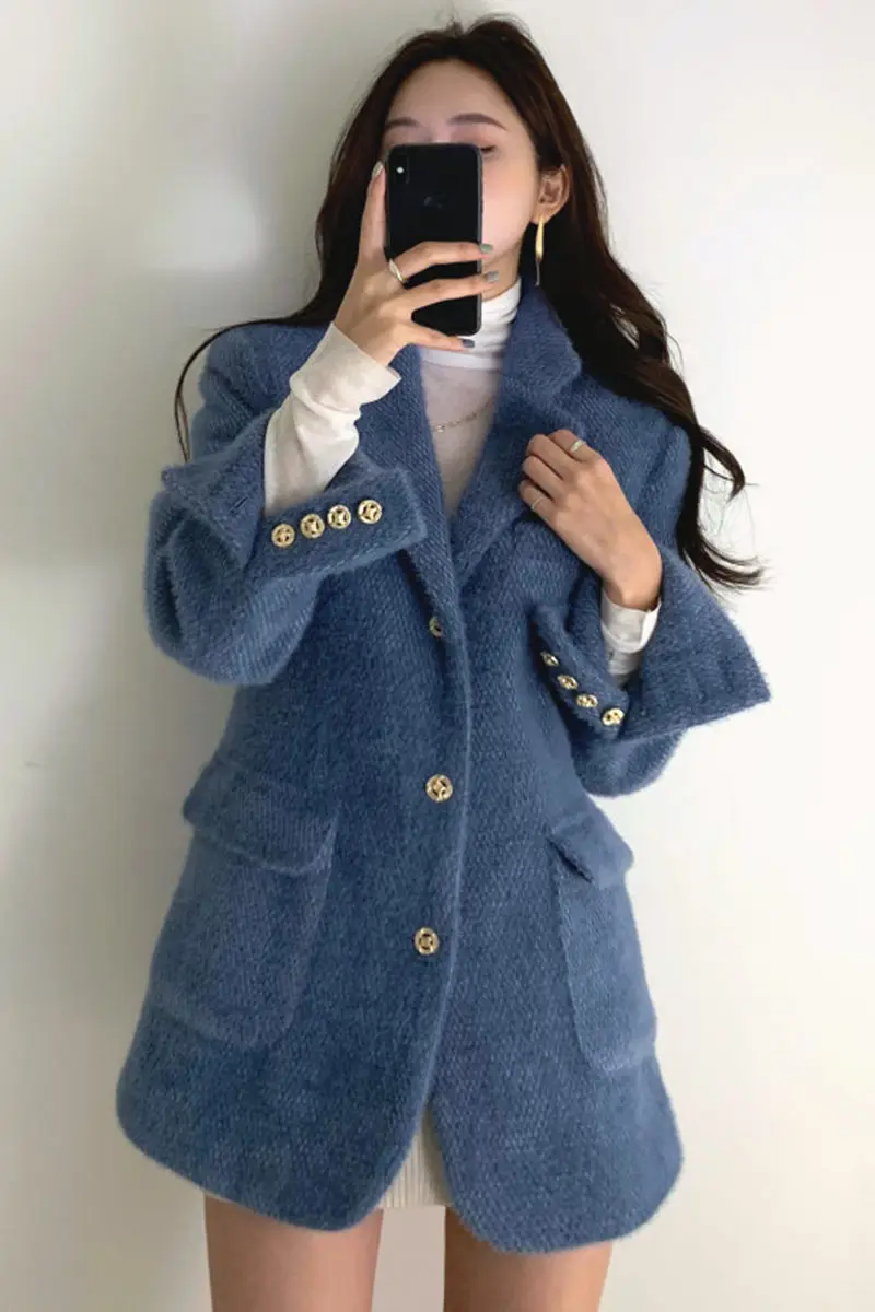 

Chic Autumn And Winter Sweater Blazer Retro Suit Collar Three Buttons Straight Double Pockets Thick Warm Woolen Coat Women y771