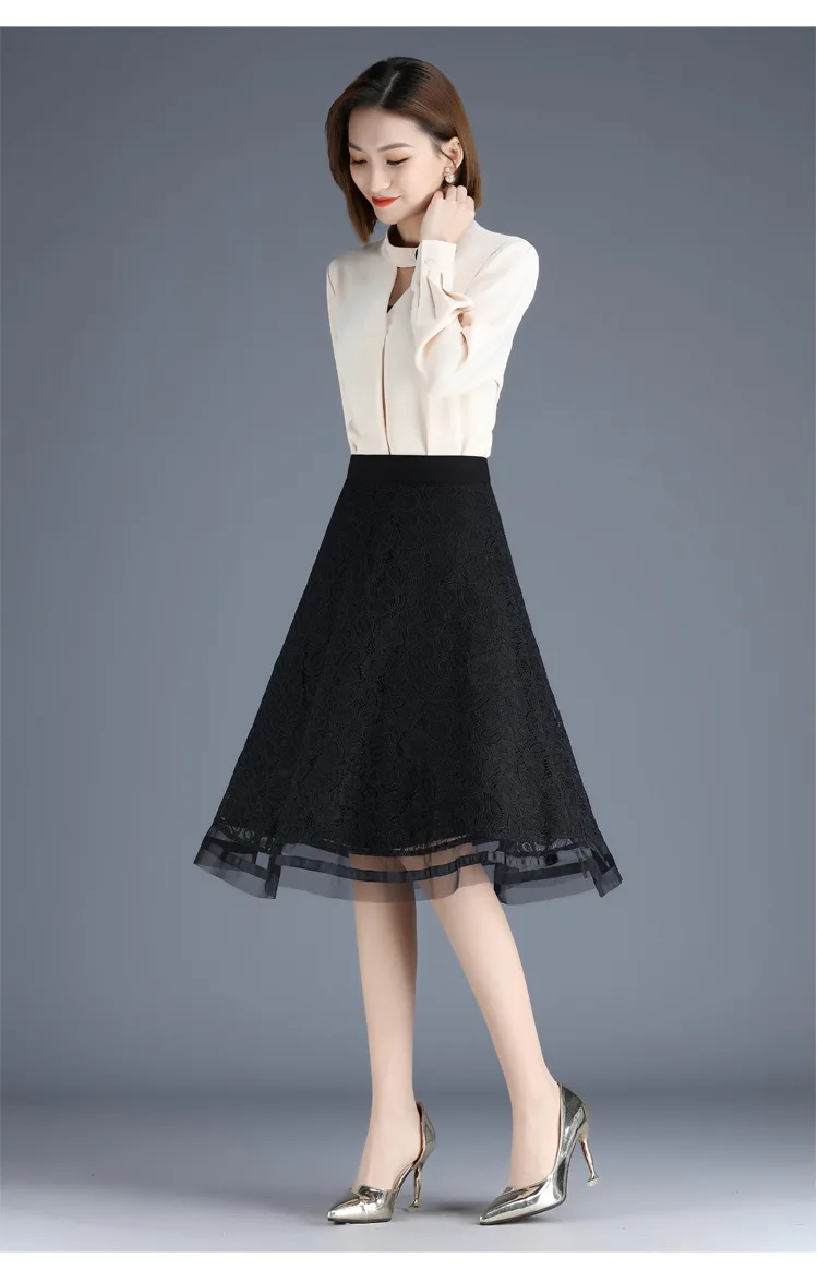 

Spring Autumn Women High Waist Black Lace Splice Mesh A-line Skirt Office Lady Elegant Plus Size Slim Casual Knee-Length Skirts