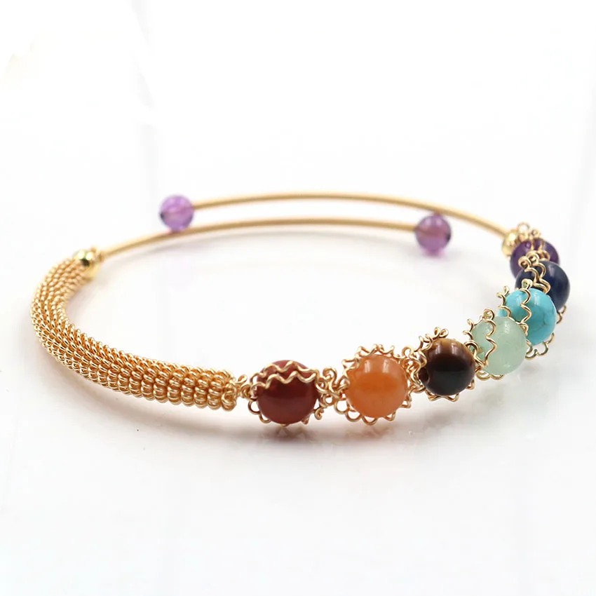 

Light Yellow Gold Color Wire Wrap Stackable Many Style Stone Round Beads Bracelet Healing Chakra Jewelry