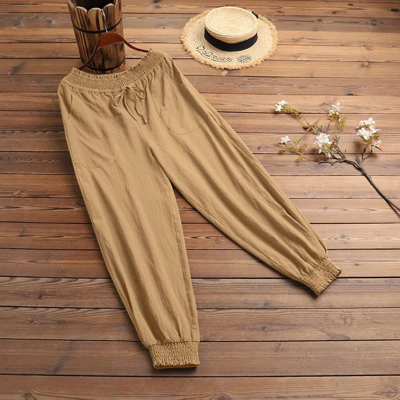 

Summer Vintage Women's Pants 2021 Cotton Linen Wide Leg Pants ZANZEA Casual Solid Elastic Waist Oversized Ladies Bandage Pants