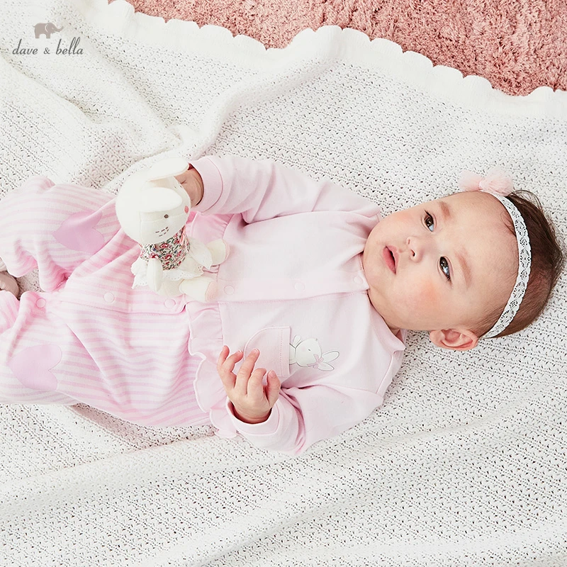 

DBH15952 dave bella spring new born baby girls fashion cartoon striped jumpsuits infant toddler clothes children romper 1 piece