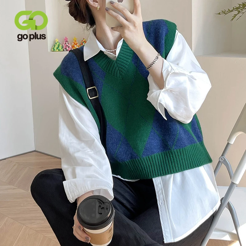 

GOPLUS Y2k Sweater Vest Women Green Red Top Vintage Fall Knit Argyle Vests Waistcoat Pull Sans Manche Court Femme Weste Damen
