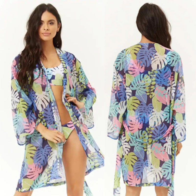 2019 сексуальное пляжное платье с зеленым принтом накидка Пляжное шифоновое