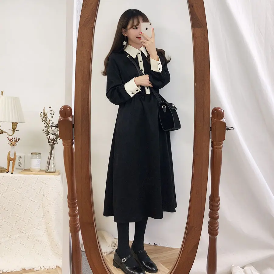 Женское лоскутное платье трапеция с длинным рукавом Повседневное средней длины