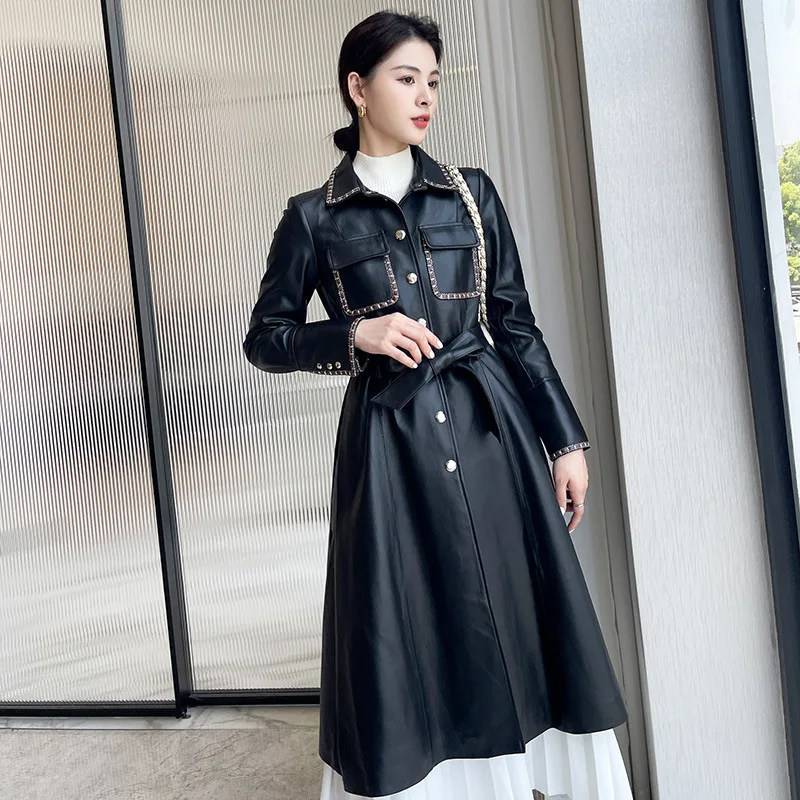 

Женская кожаная куртка из овчины Новинка Осень/Зима 2021 однобортное пальто средней длины облегающее пальто на шнуровке