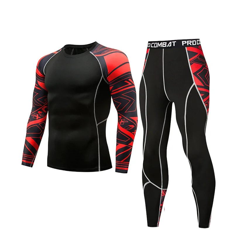 2021 Fitness Clothing Men's Suit Long-sleeved Printing Quick-drying Compression Tights Basketball Running Training Sportswear