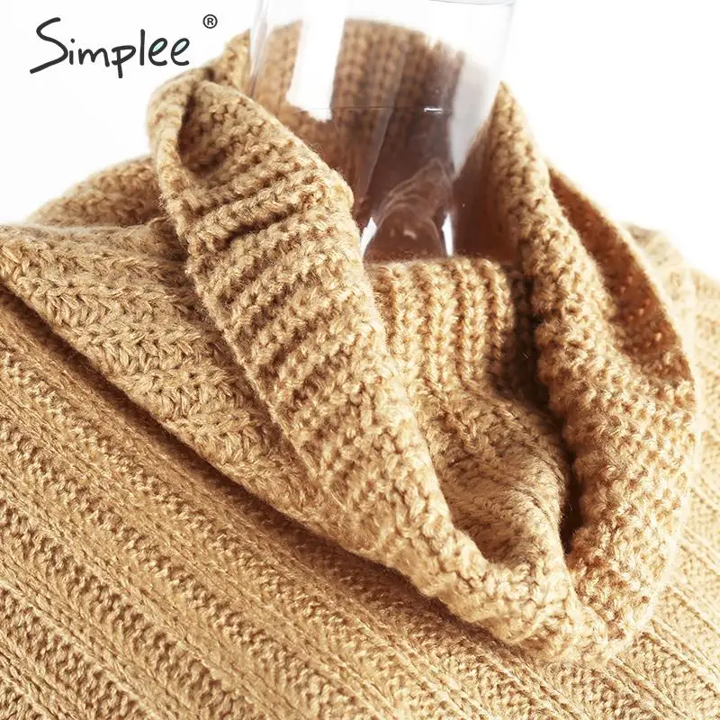 Simplee Autumn knitted turtleneck pullovers poncho sweater women Vintage khaki manta Winter gary thick jumper | Женская одежда