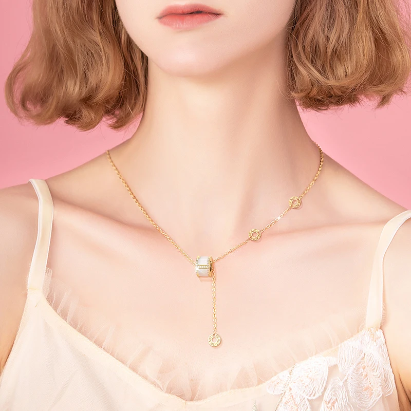 

XIAOBOACC Korean Fashion Necklace for Women Titanium Steel INS Simple Gold Luxury Pendant Opal Neck Chain Free Shipping