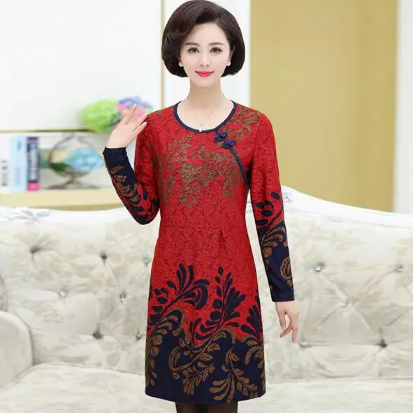 Cheongsam платья весна осень среднего возраста мать с длинным рукавом платье размера
