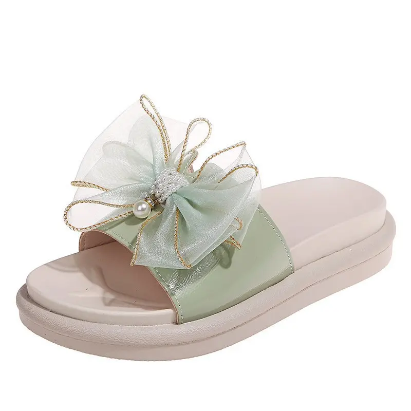 

Butterfly-Knot Low House Slippers Platform Summer Women's Shoes Slides Fashion Shale Female Beach Soft Luxury 2021
