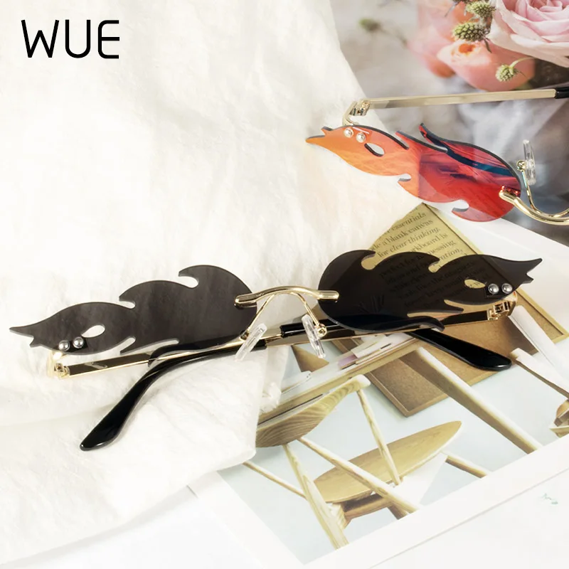 Модные солнечные очки WUE в форме огненного пламени для женщин и мужчин без оправы