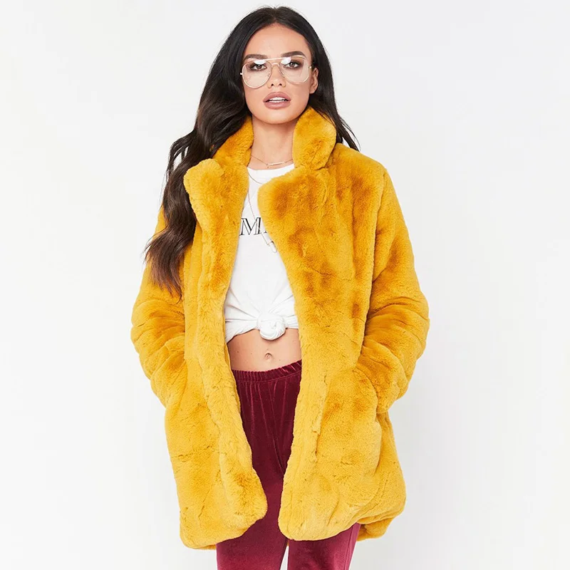 Женское пушистое пальто с карманами Элегантное зимнее теплое меховое мягкое