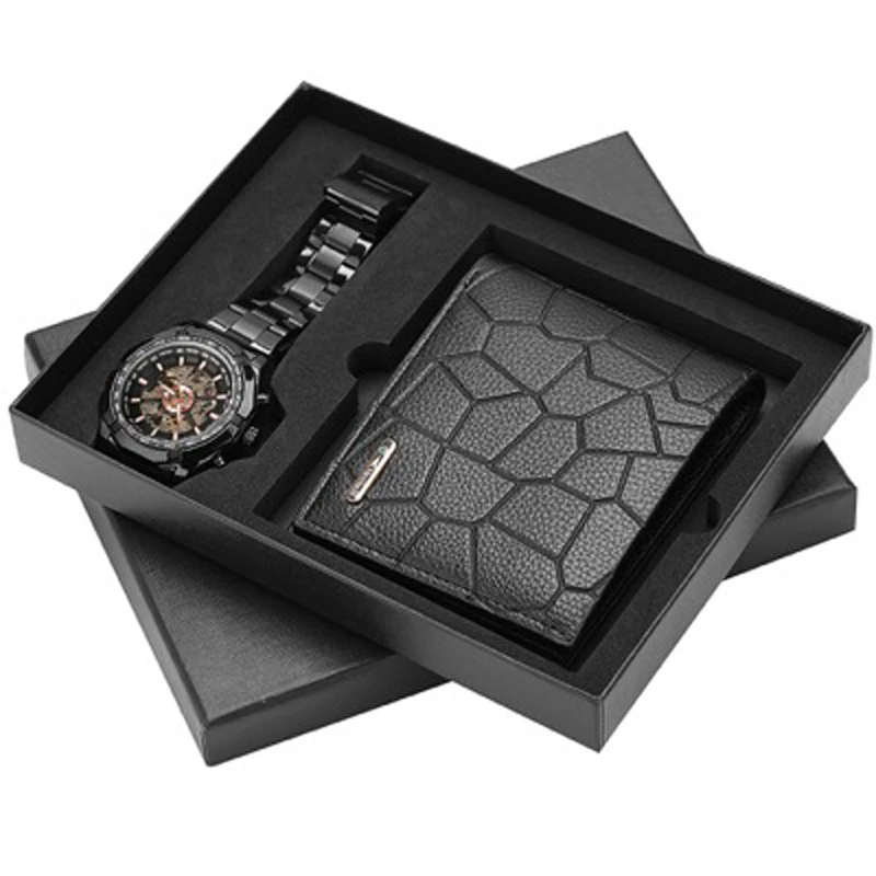 Мужские кварцевые полые часы кошелек подарочный набор для мужчин бизнес