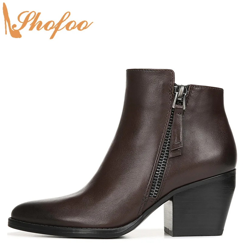 

Ботильоны женские с острым носком, высокий квадратный каблук, двойная молния, модная обувь, шоколад, большие размеры 12 15