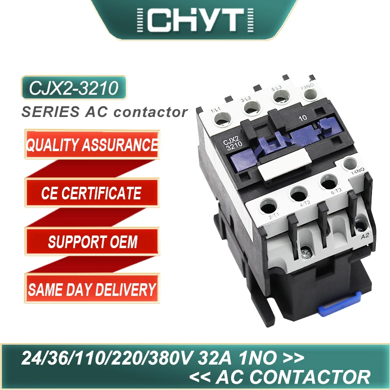 

CHYT CJX2-3210 32A 3 Phase 3-Pole 380V 220V 110V 36V 24V 50/60Hz Din Rail Mounted 3P+1NO Normal Open AC Contactor