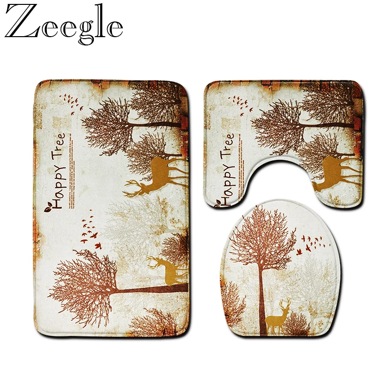 

3Pcs/Set Happy Tree Printed Bathroom Bath Mat Set Toilet Carpet Non-Slip Bath Rug Toilet Lid Cover Shower Room Rug Floor Mats