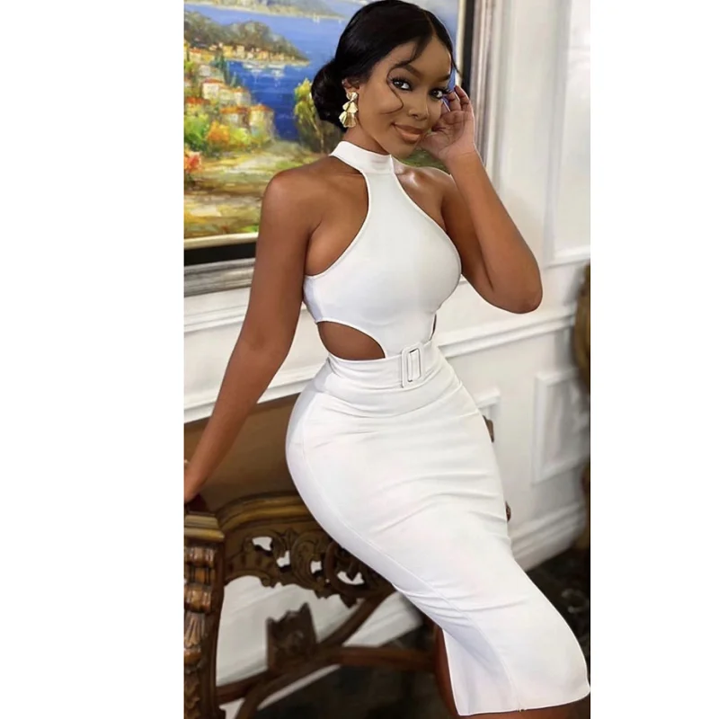

High Quality White Black Sleeveless Hollow out Knee Length Rayon Bandage Dress Elegant Club Party Dress Vestidos