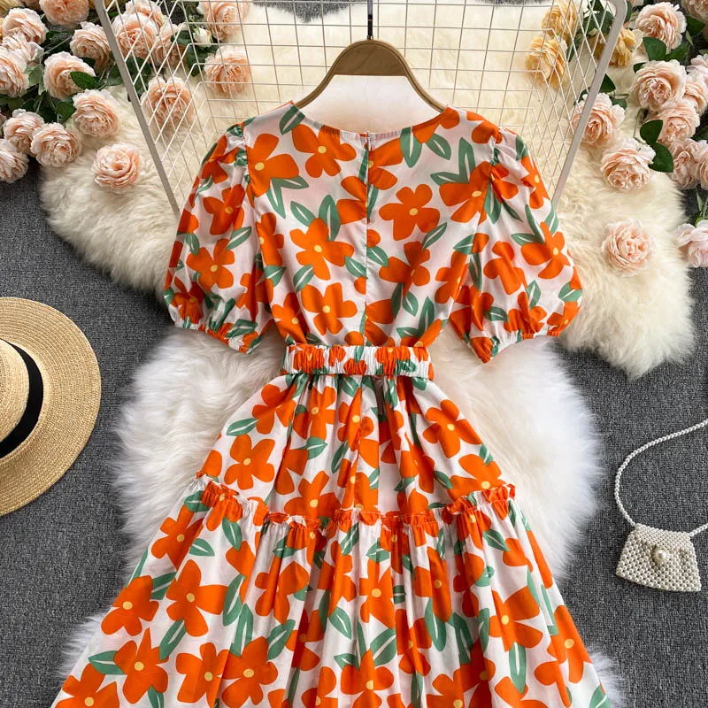 

Women's Summer Floral Midi Dress Femme Robe Kawaii Puff Sleeve A-Line Dress With Belt 2021 Holiday Korean Clothing