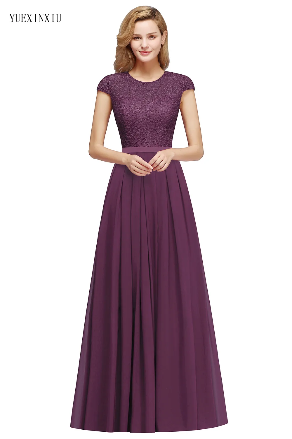 Очаровательное бордовое кружевное шифоновое длинное вечернее платье 2019