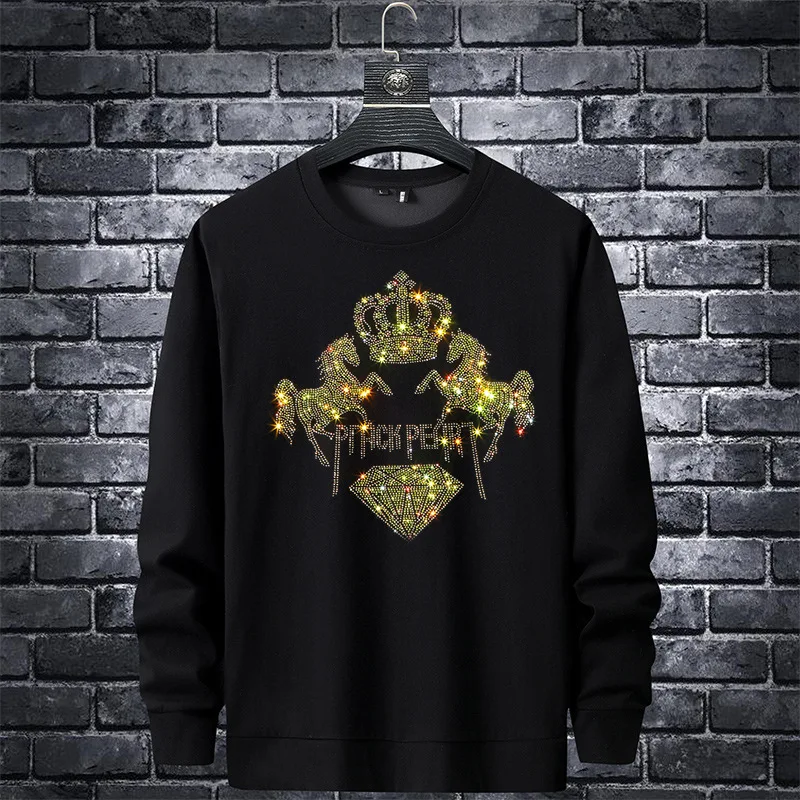 

2023 Men Crown Rhinestones Hoodie Sweatshirt Fashion Streetwear Full Pullover Hoodie Slim Rib O Neck Cotton Mens Autumn Clothes