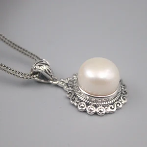 Pure 925 Sterling Silver Bless Lucky Carved Pattern Lace Pearl Pendant  For Men Women Gift 32*20mm