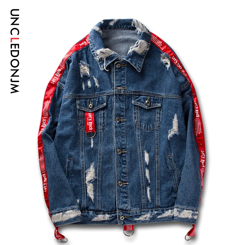 UNCLEDONJM Ribbon Ripped джинсовая куртка мужская Vinage рваные джинсы пальто хип-хоп