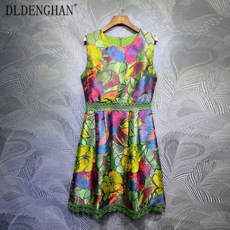 

DLDENGHAN Fashion Flower Print Summer Dress Women's O-Neck Sleeveless Lace Patchwork Tank Dresses Designer New