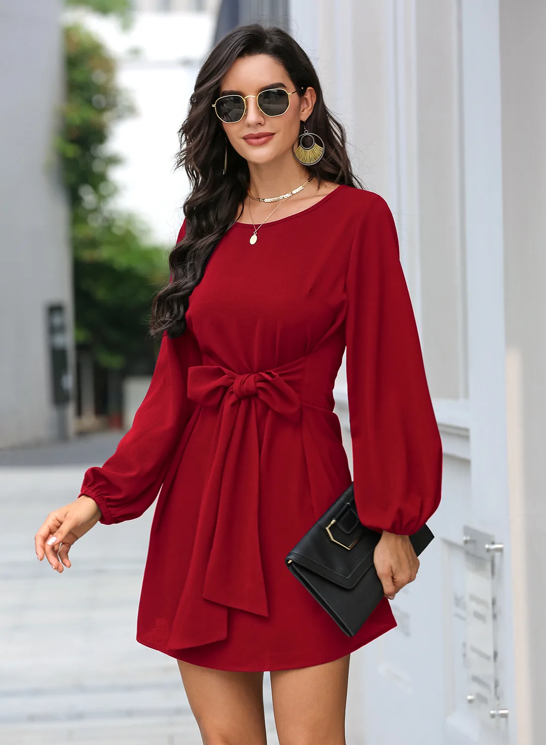 

Pure Color Waist Loose Long-Sleeved Dress Women Elegant 2020 Autumn New Hot Knee-Length Dress Quality And Simple
