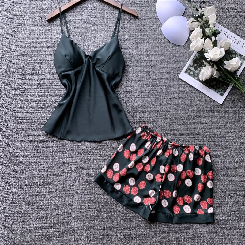 

2020 Women Satin Pajamas Sets With Shorts Sexy Flower Print Sleeveless Pyjama Nightsuits With Chest Pads Pijama Sleepwear