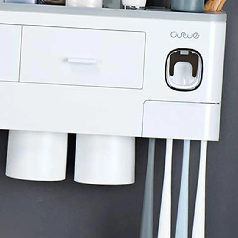 

Toothbrush Holder Wall Mounted with Automatic Toothpaste Dispenser Squeezer Kit,4 Cups and Cosmetic Organizer Drawer