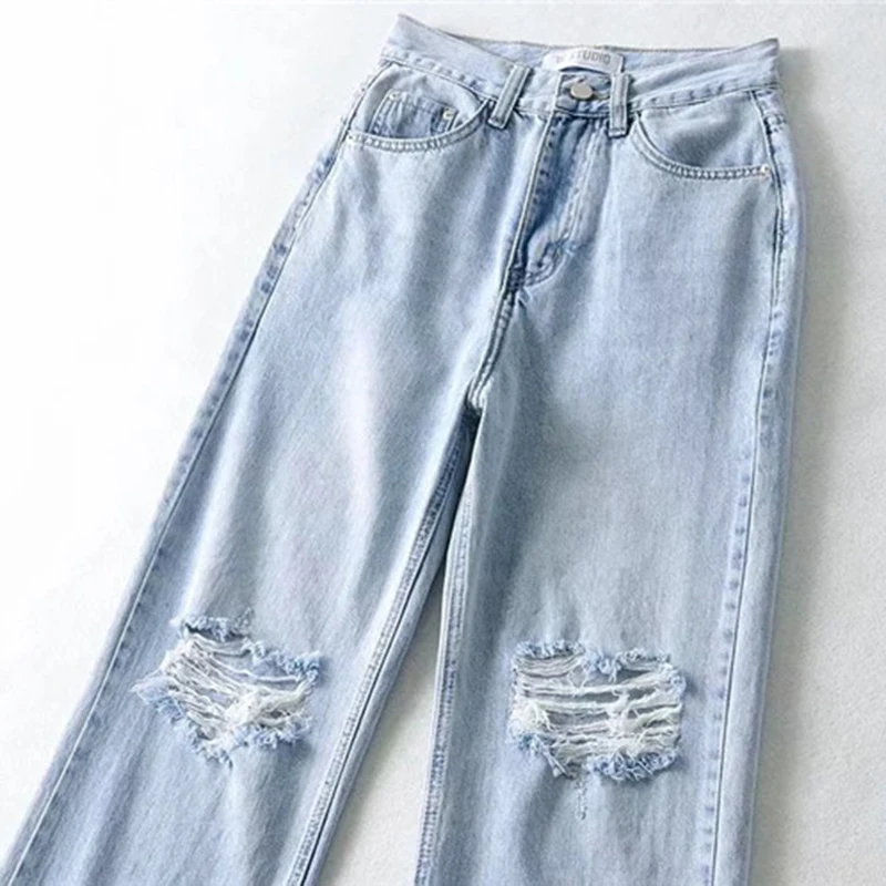 

CHICEVER casual patchwork hole blue denim trousers for women high waist straight wide leg pants female streetwear spring fashion