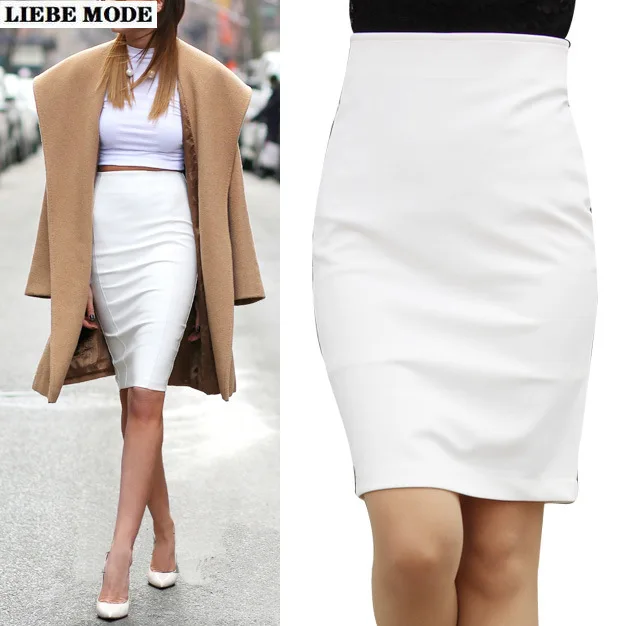 

Ladies High Waist Slit Pencil Skirt Bodycon Knee Length White Black Long Korean Skirts Woman Office Work Wear Faldas Mujer