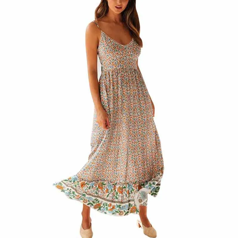 Лето 2020 женское платье с v образным вырезом без рукавов бохо оборками цветочный