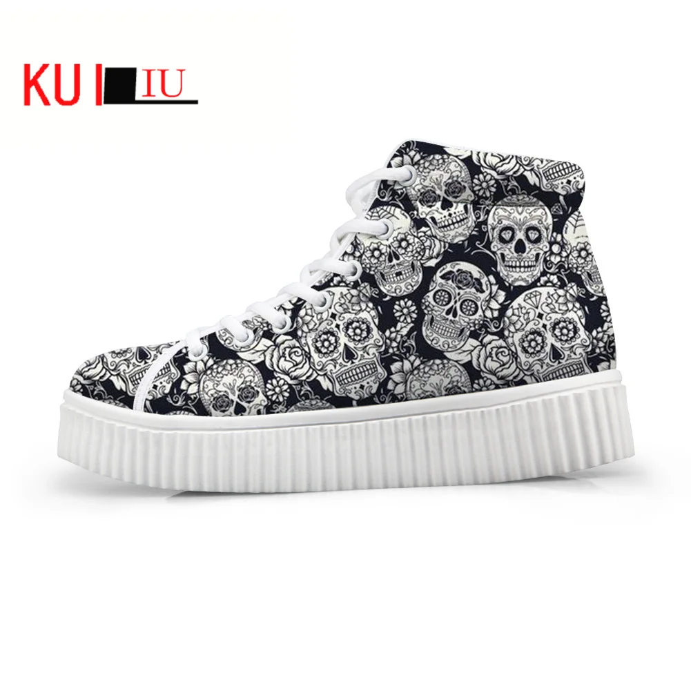 

KUILIU 2021 Women Loafers Skeleton Skull Graffiti Print Flat on Platform Shoes Thick Sole Slip on Shoes Ladies Casual Shoes
