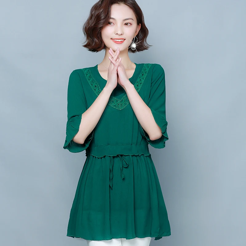 Большие размеры шифоновая блузка с рукавом до локтя Женская Весенняя высокой