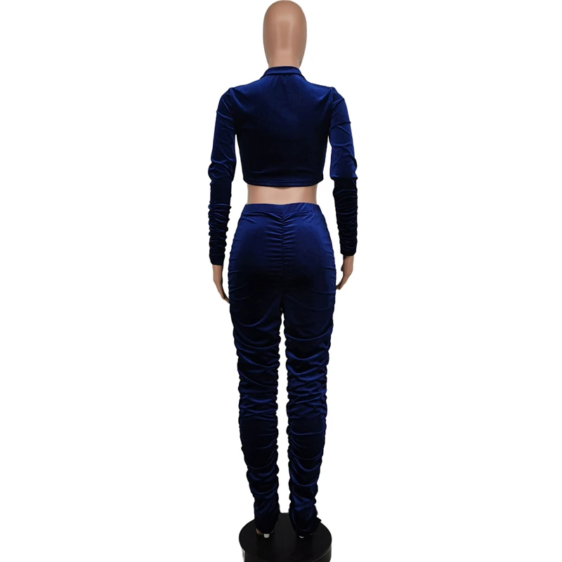 

Adogirl Women Pleated Velvet Two Piece Set Long Sleeve Zipper Short Jacket Crop Top Stacked Pants Jogging Suit Home Tracksuit