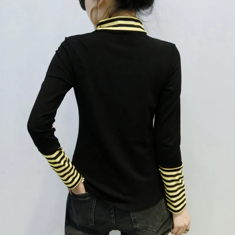 Осенне-зимняя футболка в Корейском стиле шикарное лоскутное Полосатое плотное