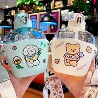 kawaii bear flat water bottle for girl children plastic milk tea juice portable cute drinking cup with straw strap bpa free gift