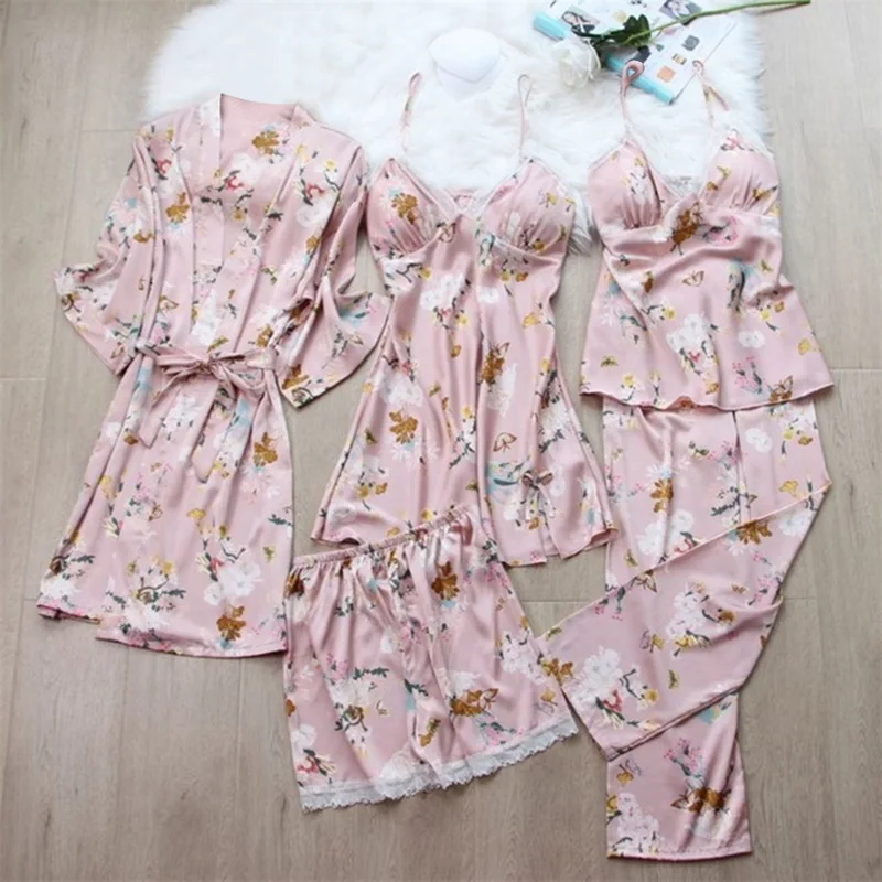 

Jodimitty Autumn 5 Pcs Set Women Pyjama Print Satin High Quality Sexy Sleepwear With Chest Pad Pajama Sets Sleepwear Pijamas