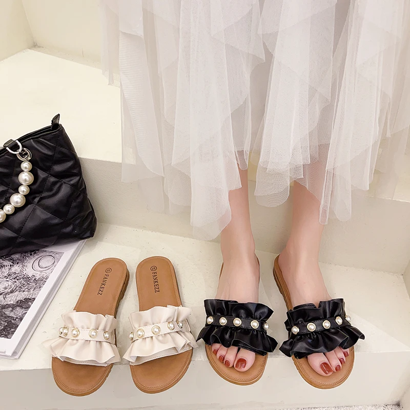 

String Bead Shoes Low Ladies' Slippers Summer Clogs Woman Pantofle Luxury Slides Rubber Beach 2021 Flat Designer Basic PU