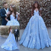 sky blue arabic dubai v neck prom dresses special occasion dresses a line cap sleeve lace appliques long party dresses